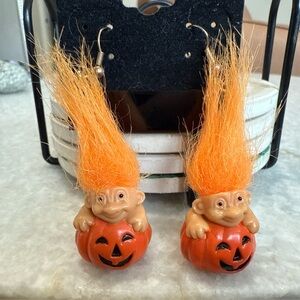 Russ Halloween Mini Orange Hair Troll Doll In Pumpkin Hook Earrings